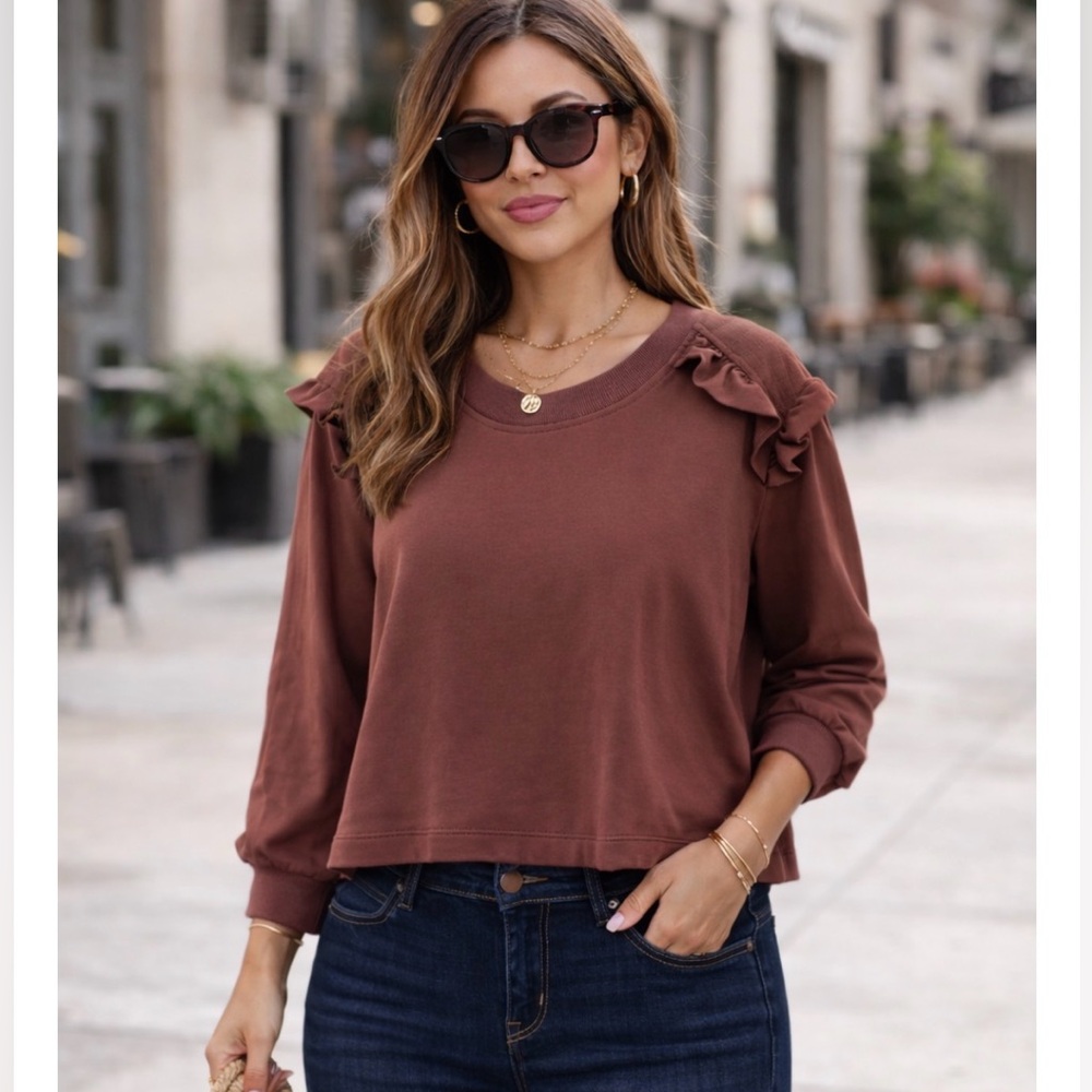 Time and Tru Women's Plus Size Cropped Ruffle Shoulder Top - Rust Brown Size 22